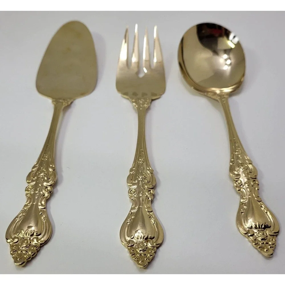Royal Sealy Gold Plated Stainless Steel Flatware 3 Pc Hostess Set Japan Vintage